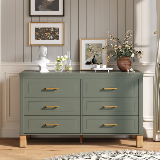 6-Drawer Double Dresser In Olive, Modern Storage Cabinet With Metal Handles & Solid Wood Legs, Dresser Drawer Organizer For Kids Bedroom, Heavy-Duty Wooden Dresser With Pre-Installed