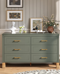 6-Drawer Double Dresser In Olive, Modern Storage Cabinet With Metal Handles & Solid Wood Legs, Dresser Drawer Organizer For Kids Bedroom, Heavy-Duty Wooden Dresser With Pre-Installed
