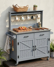 K&K 54.1  Outdoor Kitchen Island With High Shelf, Large Outdoor Potting Bench Table With Stainless Steel Top And Storage Cabinet, Solid Wood Grill Cart With Lockable Wheels For BBQ, Garden, Grey Blue