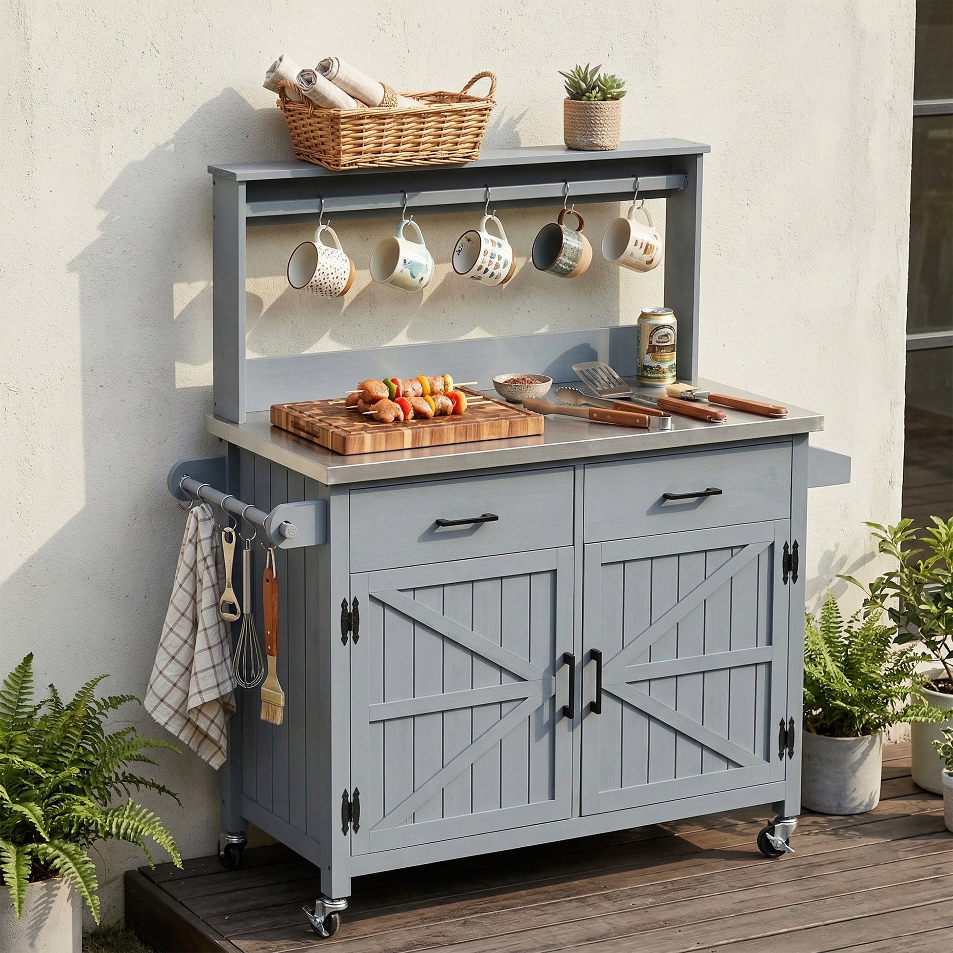 K&K 54.1  Outdoor Kitchen Island With High Shelf, Large Outdoor Potting Bench Table With Stainless Steel Top And Storage Cabinet, Solid Wood Grill Cart With Lockable Wheels For BBQ, Garden, Grey Blue