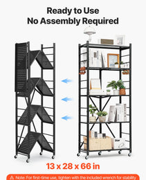 5-Tier Foldable Storage Shelf, 28W X 13D X 66H Inch Folding Metal Rack Shelving Unit, No Assembly Organizer Shelf With 5 Wheels & 4 Hooks For Pantry, Kitchen, Garage, Basement, Black
