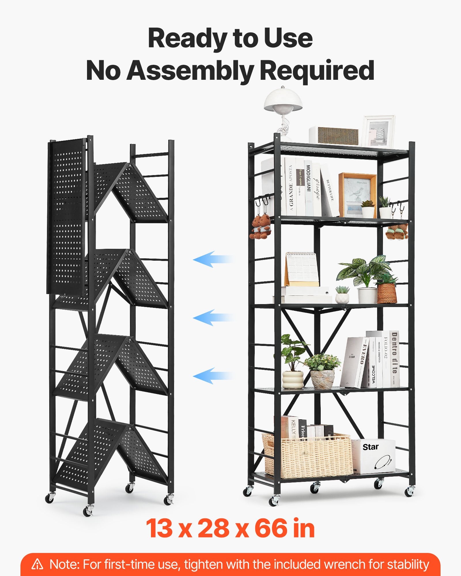 5-Tier Foldable Storage Shelf, 28W X 13D X 66H Inch Folding Metal Rack Shelving Unit, No Assembly Organizer Shelf With 5 Wheels & 4 Hooks For Pantry, Kitchen, Garage, Basement, Black