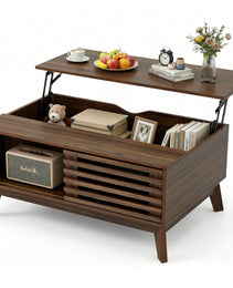 Lift Top Coffee Table With Storage, Mid Century Modern Coffee Table With Slatted Sliding Door And Hidden Compartment, 35.4 Coffee Table With Lifting Top, Coffee Tables For Living Room, Walnut