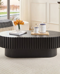 43.70 Inch Modern Handcraft Drum Coffee Table Oval Coffee Table For Living Room,Small Wooden Coffee Table With Sturdy Pedestal For Office,Black