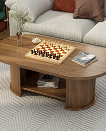 Oval Fluted Coffee Table, 47 Farmhouse Wood Coffee Table, Mid-Century 2-Tier Coffee Table With Storage Shelf, Accent Center Table With Dual Base, Boho Living Room Tables For Living Room Office,Walnut