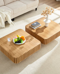 2PCS Set 31.5 Inch Modern Handcraft Drum Coffee Table Square Coffee Table For Living Room,Small Wooden Coffee Table With Sturdy MDF Pedesta,Natural Color