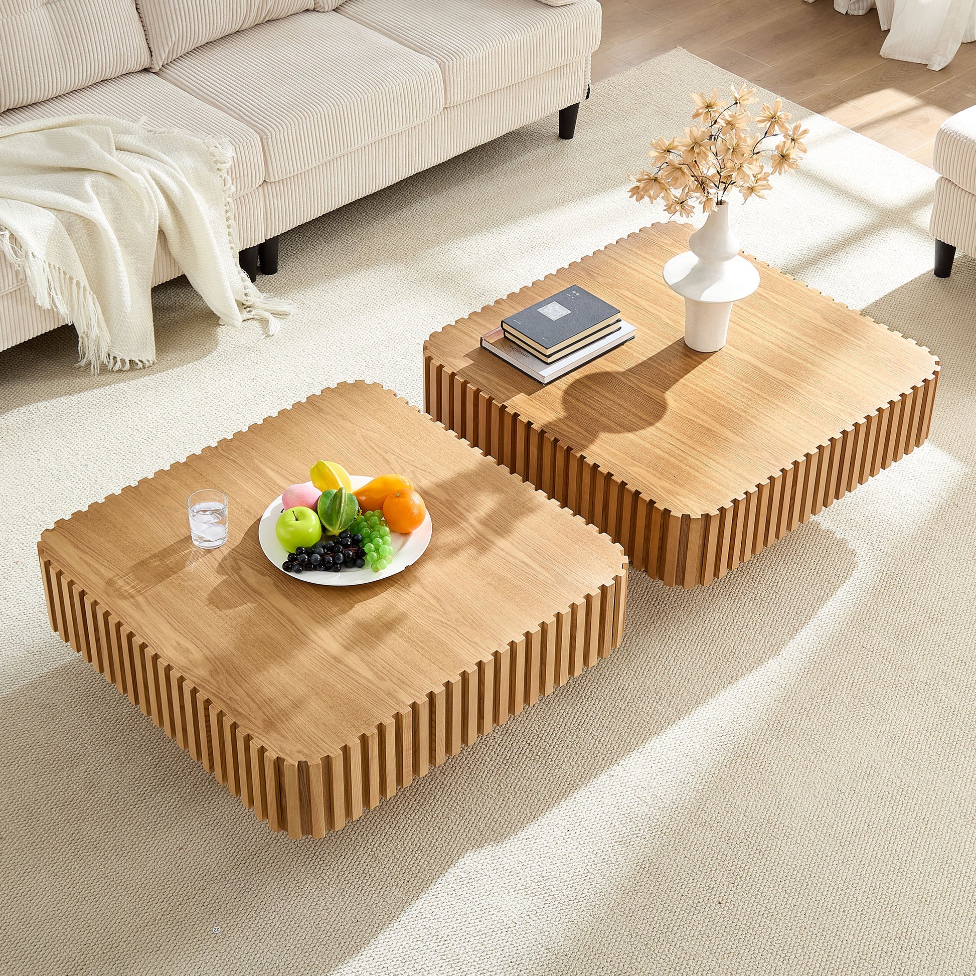 2PCS Set 31.5 Inch Modern Handcraft Drum Coffee Table Square Coffee Table For Living Room,Small Wooden Coffee Table With Sturdy MDF Pedesta,Natural Color