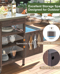 K&K 40.5  Outdoor Grill Cart With Stainless Steel Top, Solid Wood Outdoor Storage Cabinet With Drop Leaf, One Drawer, Towel Rack, Rolling Kitchen Cart With Lockable Wheels For Lawn Garden, Brown