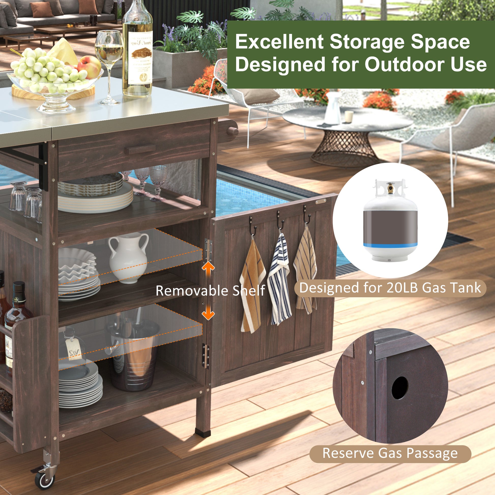 K&K 40.5  Outdoor Grill Cart With Stainless Steel Top, Solid Wood Outdoor Storage Cabinet With Drop Leaf, One Drawer, Towel Rack, Rolling Kitchen Cart With Lockable Wheels For Lawn Garden, Brown
