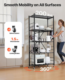 5-Tier Foldable Storage Shelf, 32W X 14D X 72H Inch Folding Metal Rack Shelving Unit, No Assembly Organizer Shelf With 5 Wheels & 4 Hooks For Pantry, Kitchen, Garage, Basement, Black