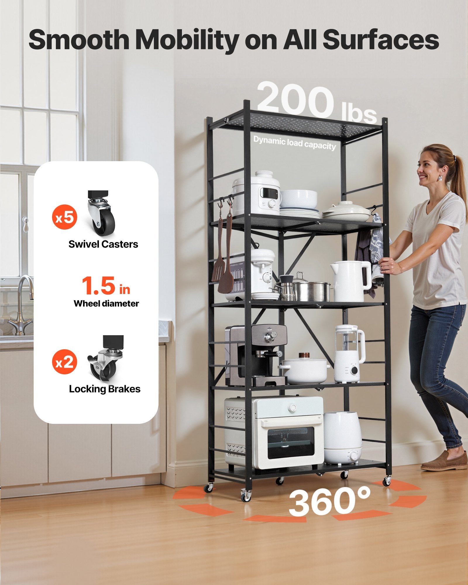 5-Tier Foldable Storage Shelf, 32W X 14D X 72H Inch Folding Metal Rack Shelving Unit, No Assembly Organizer Shelf With 5 Wheels & 4 Hooks For Pantry, Kitchen, Garage, Basement, Black