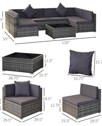 7-Piece Patio Furniture Set, Outdoor Wicker Conversation Set, All Weather PE Rattan Sectional Sofa Set with Cushions and Tempered Glass Top Coffee Table, Pillows, Gray