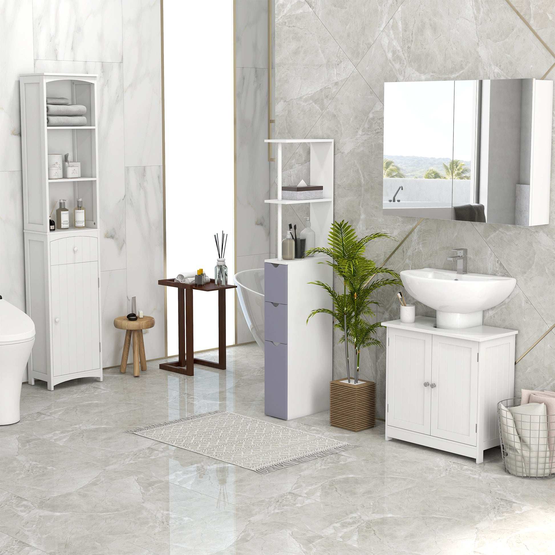 Under Sink Bathroom Cabinet, Pedestal Sink Storage Cabinet with 2 Doors, Shelf and U-Shape, White