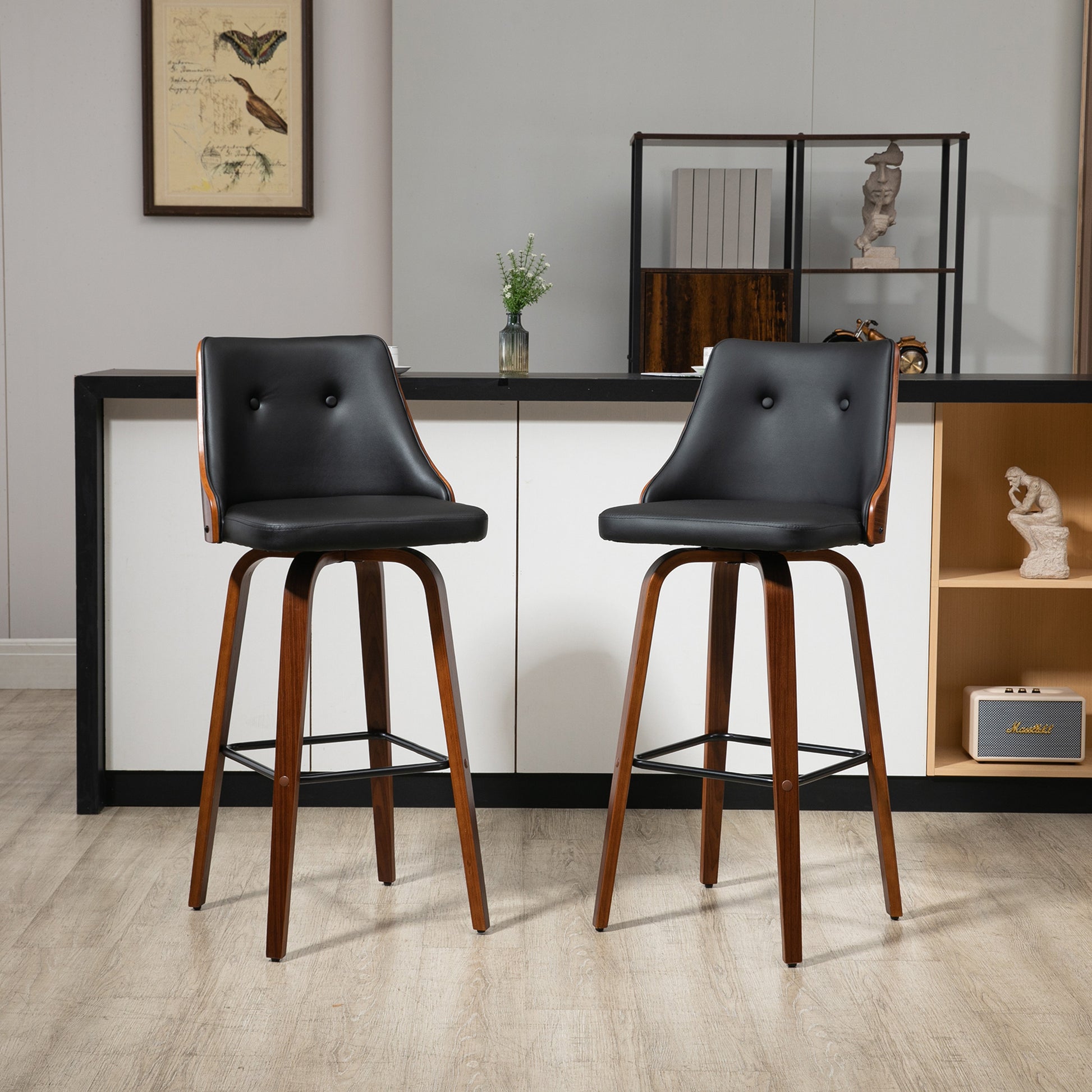 Bar Height Bar Stools, PU Leather Swivel Barstools With Footrest And Tufted Back, Set Of 2, Black
