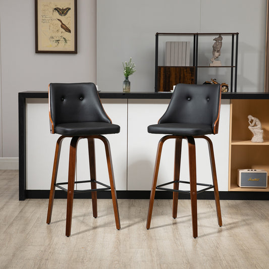 Bar Height Bar Stools, PU Leather Swivel Barstools With Footrest And Tufted Back, Set Of 2, Black