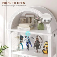 Curio Cabinet with Glass Doors LED Lights for Living Room, Wood Finish, Warm White, Adjustable Shelves and Soft-Close Hinges