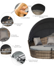 4-Piece Round Convertible Daybed with Cushions, Outdoor PE Rattan Patio Wicker Sofa Set, Sunbed with Adjustable Sun Canopy, Sectional Sofa, 2 Chairs, Table, 3 Pillows, Gray