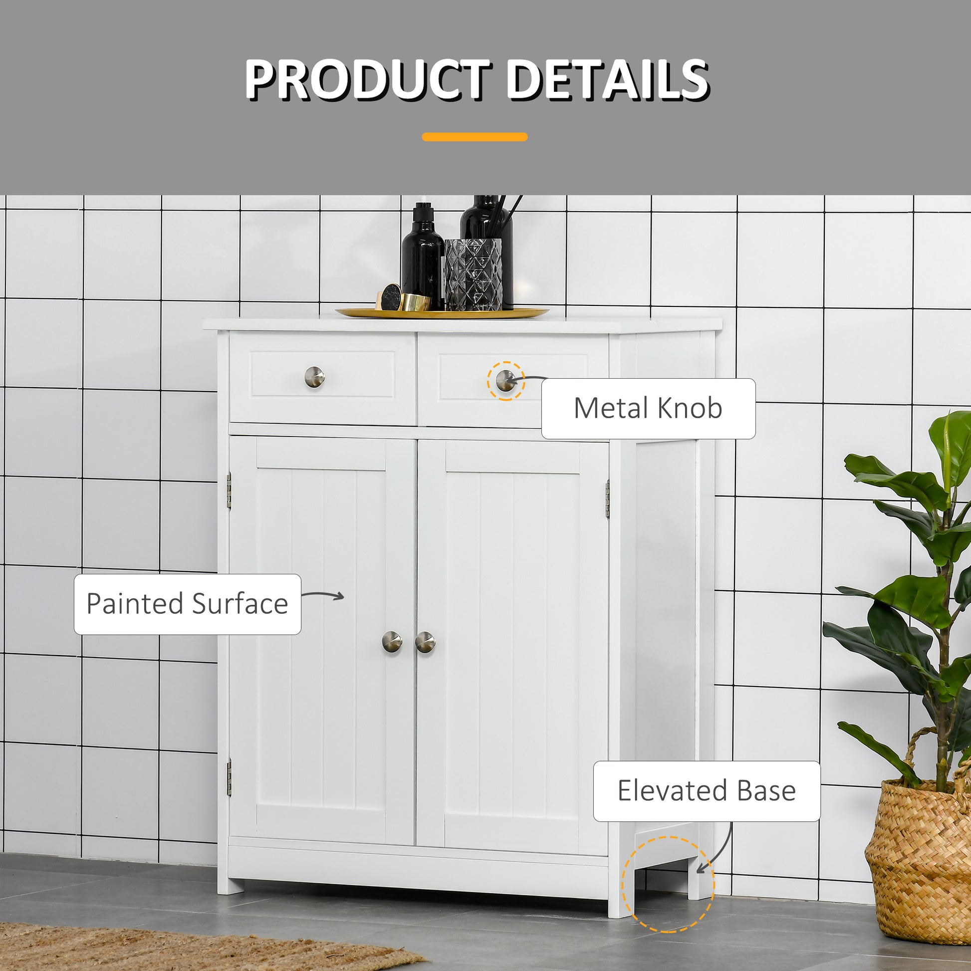 Freestanding Bathroom Floor Cabinet, Wooden Bathroom Cabinet with 2 Doors, 2 Drawers and Adjustable Shelf, White