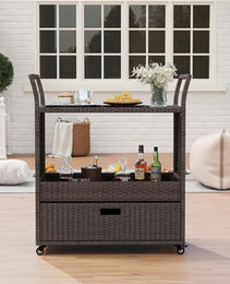 Handwoven PE Rattan Outdoor Bar Cart With Tempered Glass Top & Drawer, 4 Wheels With Brakes Serving Cart For Patio