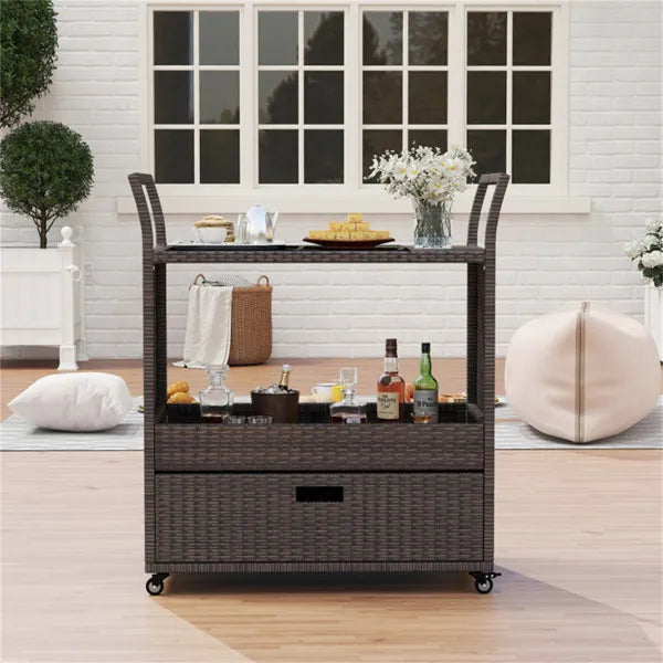 Handwoven PE Rattan Outdoor Bar Cart With Tempered Glass Top & Drawer, 4 Wheels With Brakes Serving Cart For Patio