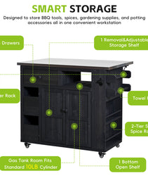 TOPMAx Outdoor Solid Wood Extendable 19.3  28  Kitchen Island  Stainless Steel Top Grill Table With Side Spice Rack  Kitchen Cart With Drawers  Storage Cabinet For Backyard  BBQ Party  Black