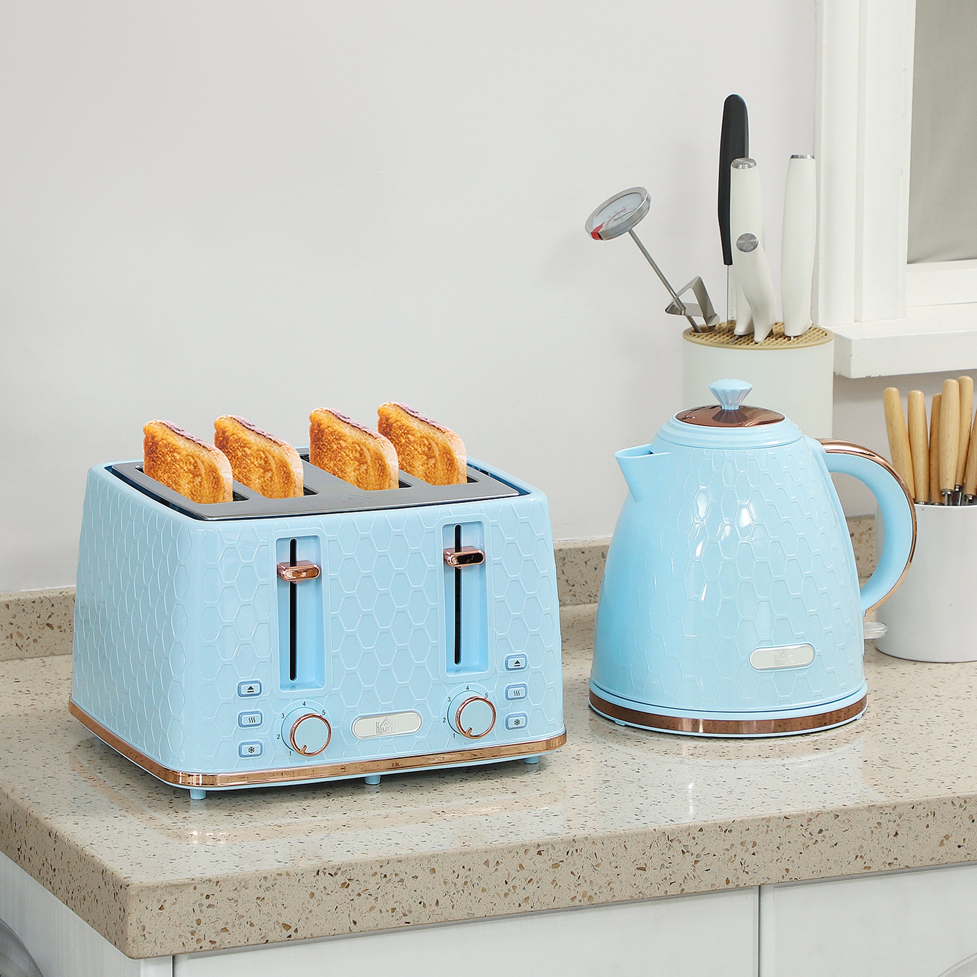 Azure Honeycomb Series: 3000W Rapid-Boil Kettle & 4-Slice Toaster Set