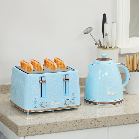 Azure Honeycomb Series: 3000W Rapid-Boil Kettle & 4-Slice Toaster Set