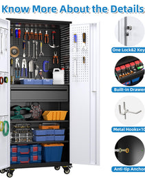 71 Inch High Metal Storage Cabinet On Wheels With 5 Pegboards And 1 Drawer, Lockable Steel Tool Cabinet For Garage, Warehouse, Assembly Required, Black Gray