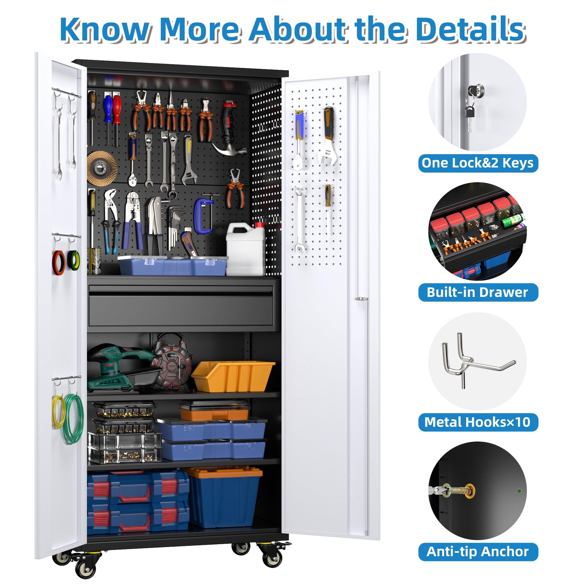 71 Inch High Metal Storage Cabinet On Wheels With 5 Pegboards And 1 Drawer, Lockable Steel Tool Cabinet For Garage, Warehouse, Assembly Required, Black Gray