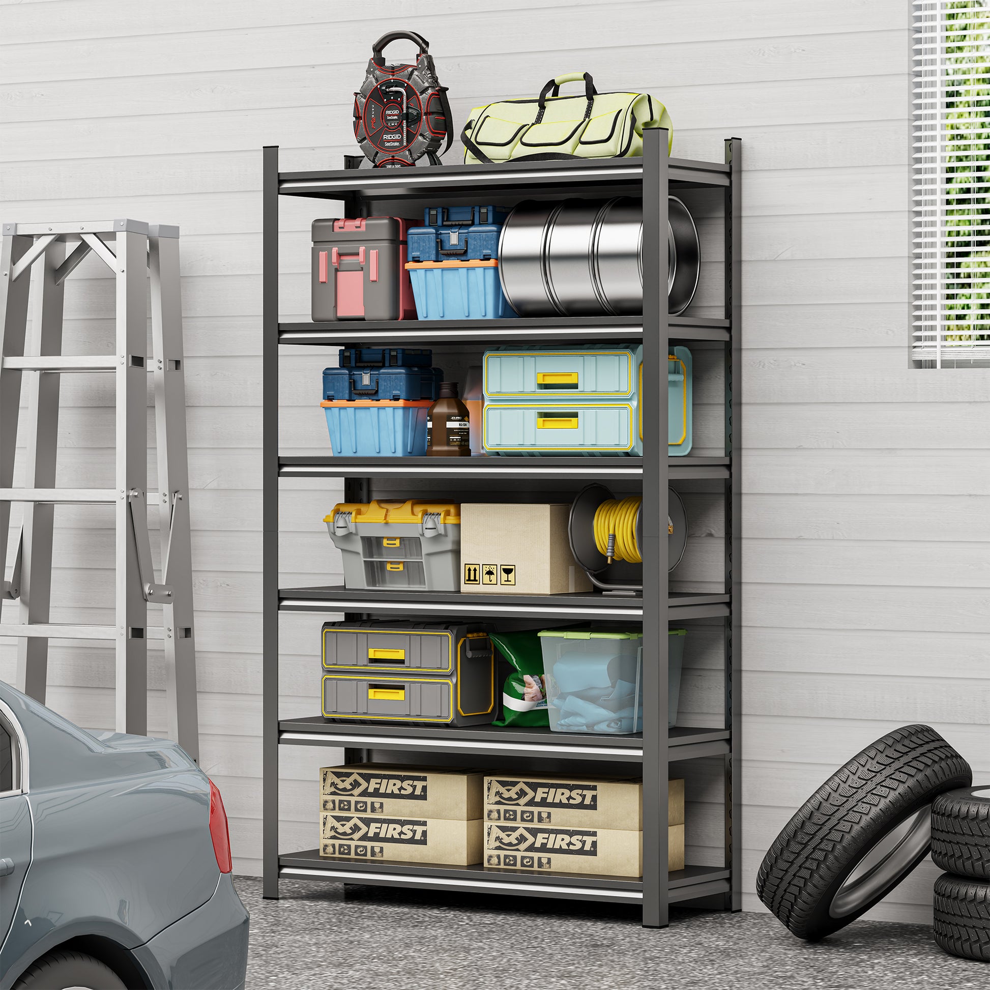 Garage Storage Rack, 6-Story Metal Shelves, Adjustable Partition Storage Unit, Supermarket, Home, Garage, Basement Storage Rack, Black, Requires Assembly