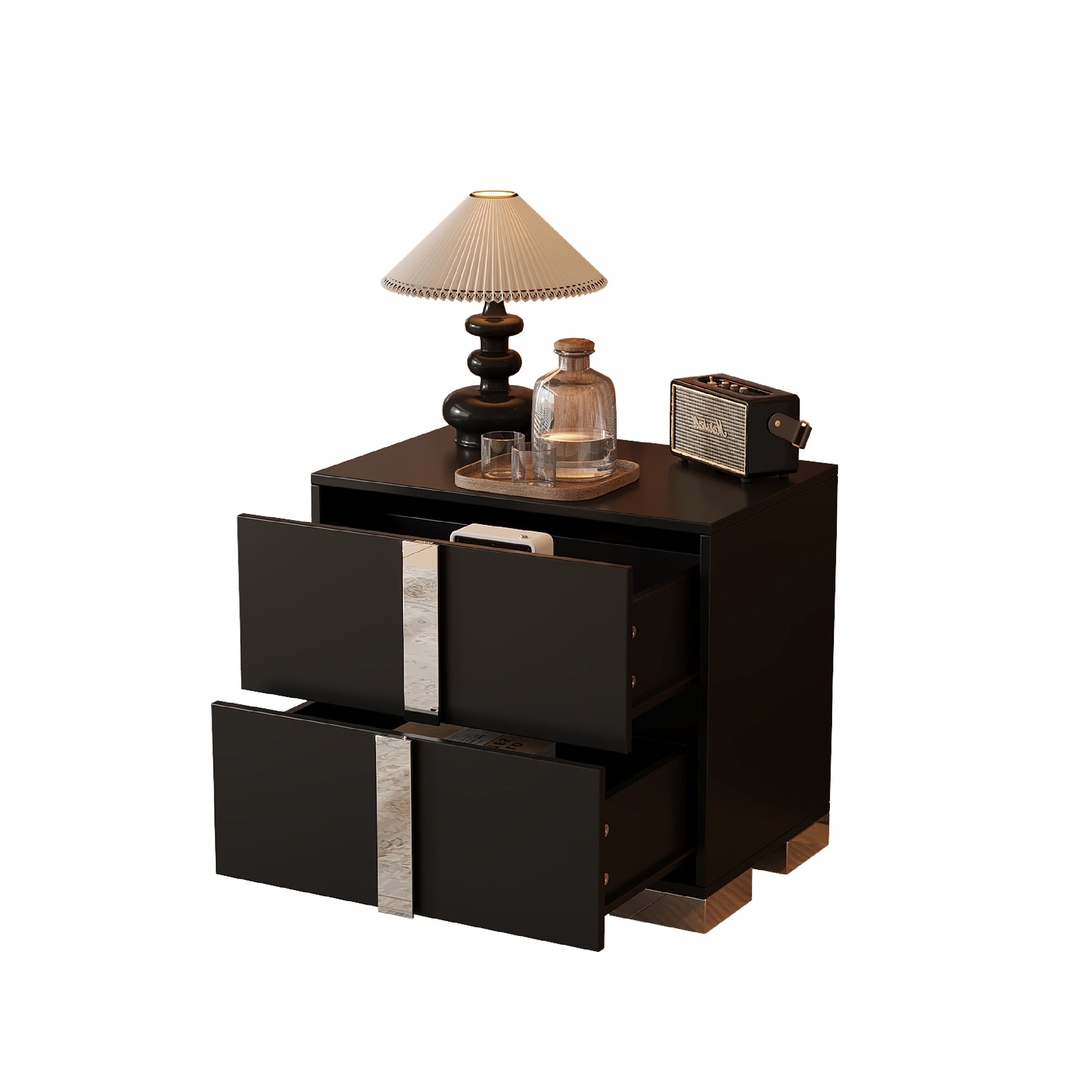 Elegant Nightstand With Metal Foot, Mirrored Bedside Table With 2 Drawers For Bedroom, Living Room, Black