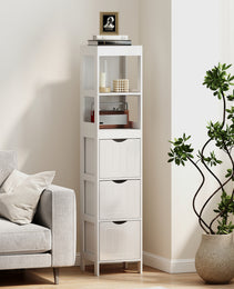 Narrow Bathroom Storage Cabinet, Bathroom Cabinet with 3 Drawers & 2 Open Shelves, Slim Bathroom Floor Cabinet, White
