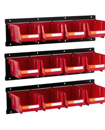 Wall Mounted Storage Bins, 12 Plastic Bins & 3 Metal Rails, Plastic Hanging Stackable Storage Bin For Screws, Nuts, Bolts, Nails, Hardware Tool Organizer For Workshop, Craft Room, Garage, Red