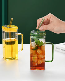 6 Pcs Glass Straw Cup, 6 Colors Square Glass Cup With Straw And Lid, High Borosilicate Glass Cup, Milk Cup, Juice Cup, Cold Drink Cup, Coffee Cup, Tea Cup, Office Cup, Gift Cup