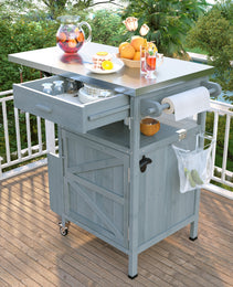 K&K 40.5  Outdoor Grill Cart With Stainless Steel Top, Solid Wood Outdoor Storage Cabinet With Drop Leaf, One Drawer, Towel Rack, Rolling Kitchen Cart With Lockable Wheels For Lawn Garden, Blue Grey
