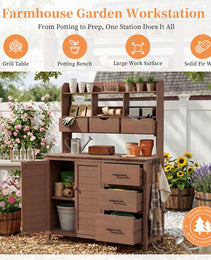 With Assembly Video  TOPMAx Farmhouse Patio Potting Bench  44.6 X19.5  Large Freestanding Garden Workstation With 6 Drawers  Bottom Cabinet And Side Hook  Outdoor Kitchen Island  Brown