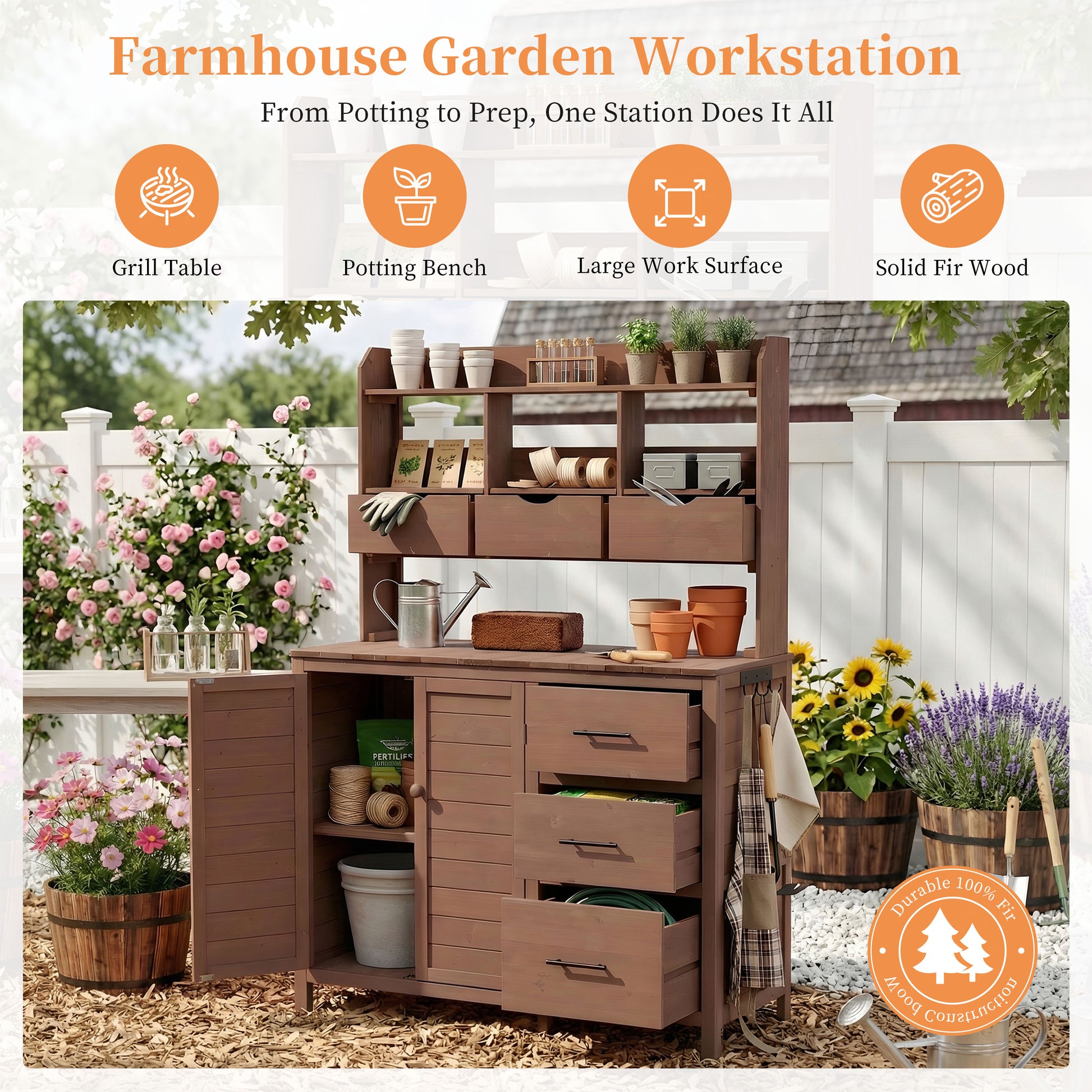 With Assembly Video  TOPMAx Farmhouse Patio Potting Bench  44.6 X19.5  Large Freestanding Garden Workstation With 6 Drawers  Bottom Cabinet And Side Hook  Outdoor Kitchen Island  Brown
