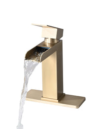 Waterfall Bathroom Faucet Brushed Gold Single Handle Bathroom Sink Faucets 1 Or 3 Hole Solid Vanity Faucet With Deck Plate & Overflow Pop Up Drain Brushed Gold