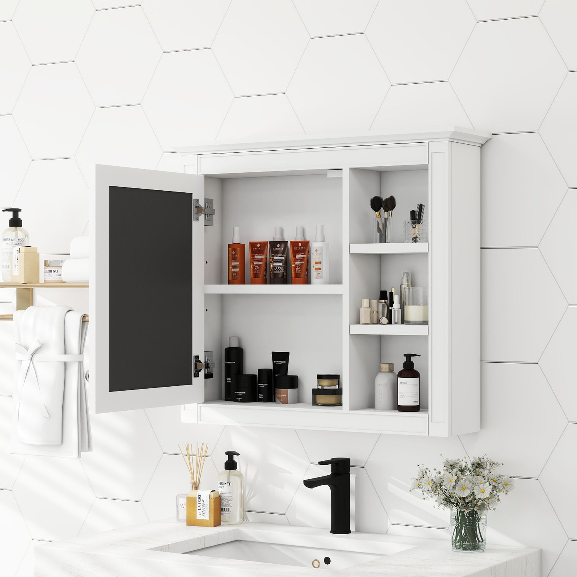30 X 28 Medicine Cabinet, Wall Mounted Bathroom Storage Cabinet, Modern Bathroom Wall Cabinet With Mirror,Medicine Cabinet,  Mirror Cabinet With 3 Open Shelves Not Include Bathroom Vanity