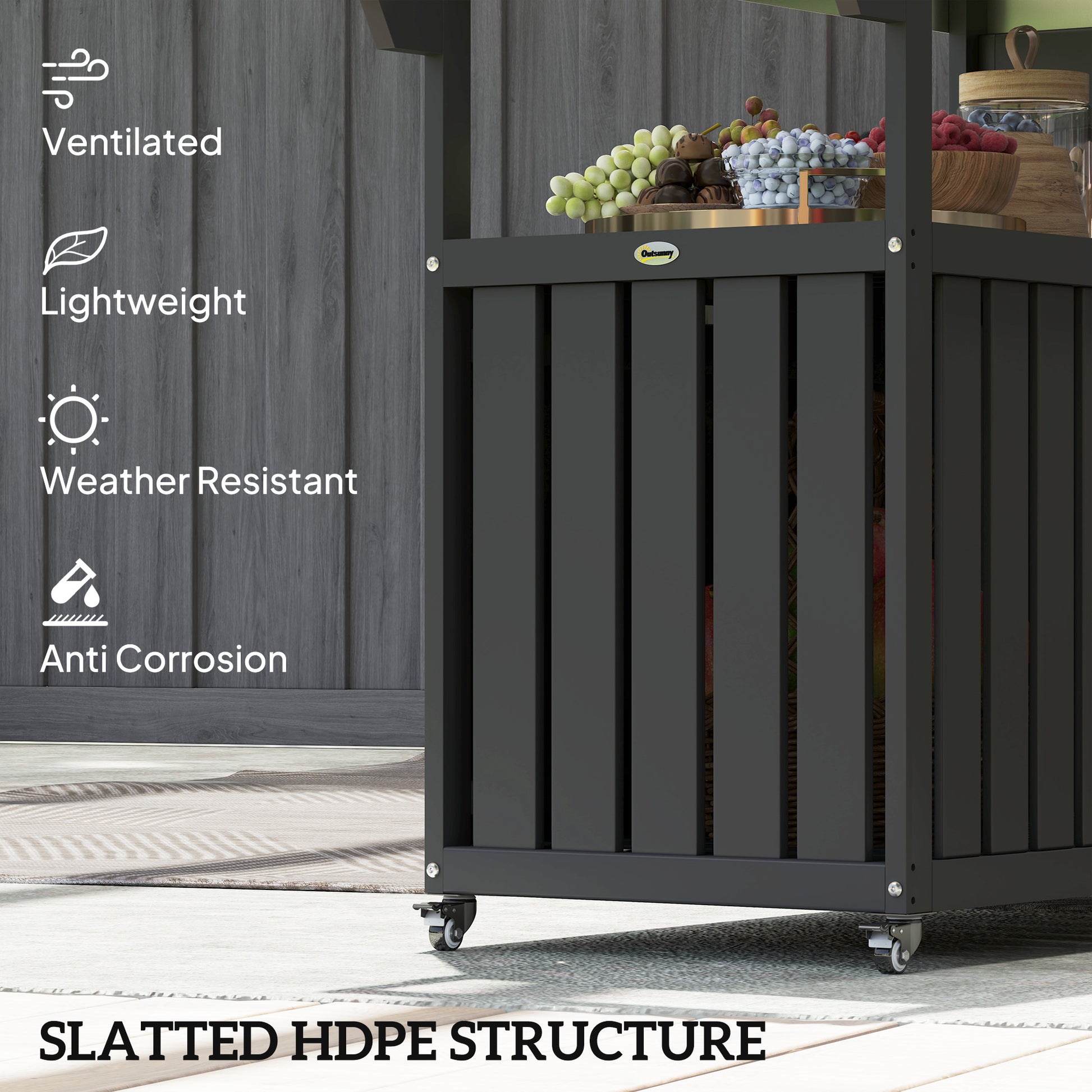 Outdoor Bar Cart with Storage, Stainless Steel Outdoor Bar Table Top, Wheeled HDPE Kitchen Island for Food Prep, Black