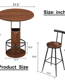 3-Piece Bar Table And Stool Set 31.5-inch Round Bar Table With Two Stools Compact Wooden Dining Bar With Metal Ring Footrest Ideal For Restaurants, Cafes, Bars, Living Rooms, And Small Spaces,Walnut