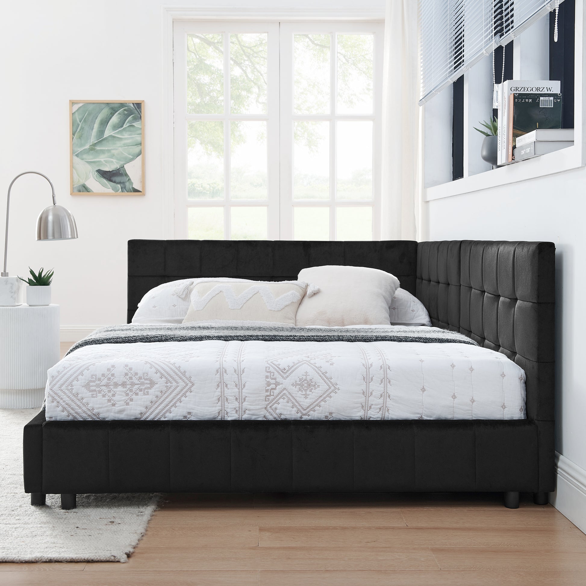 Full Size Upholstered Tufted  Bed Frame, Sofa Bed Frame With Comfortable Backrest And Armrests, Full Size Bed For Bedroom, Living Room,Velvet, Black 80.5x59x30.5