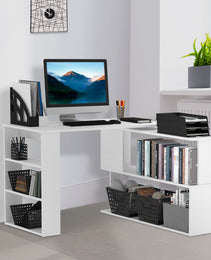 360° Rotating Home Office Desk L Shaped Corner Computer Desk With Storage Shelves, Writing Table Workstation, White