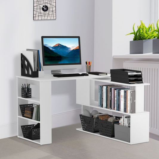 360° Rotating Home Office Desk L Shaped Corner Computer Desk With Storage Shelves, Writing Table Workstation, White