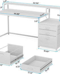 63 Inch Computer Desk With File Drawer Cabinet, Ergonomic Office Desk With Monitor Stand, Computer Table With Printer Space, Wood PC Table Workstation Desk