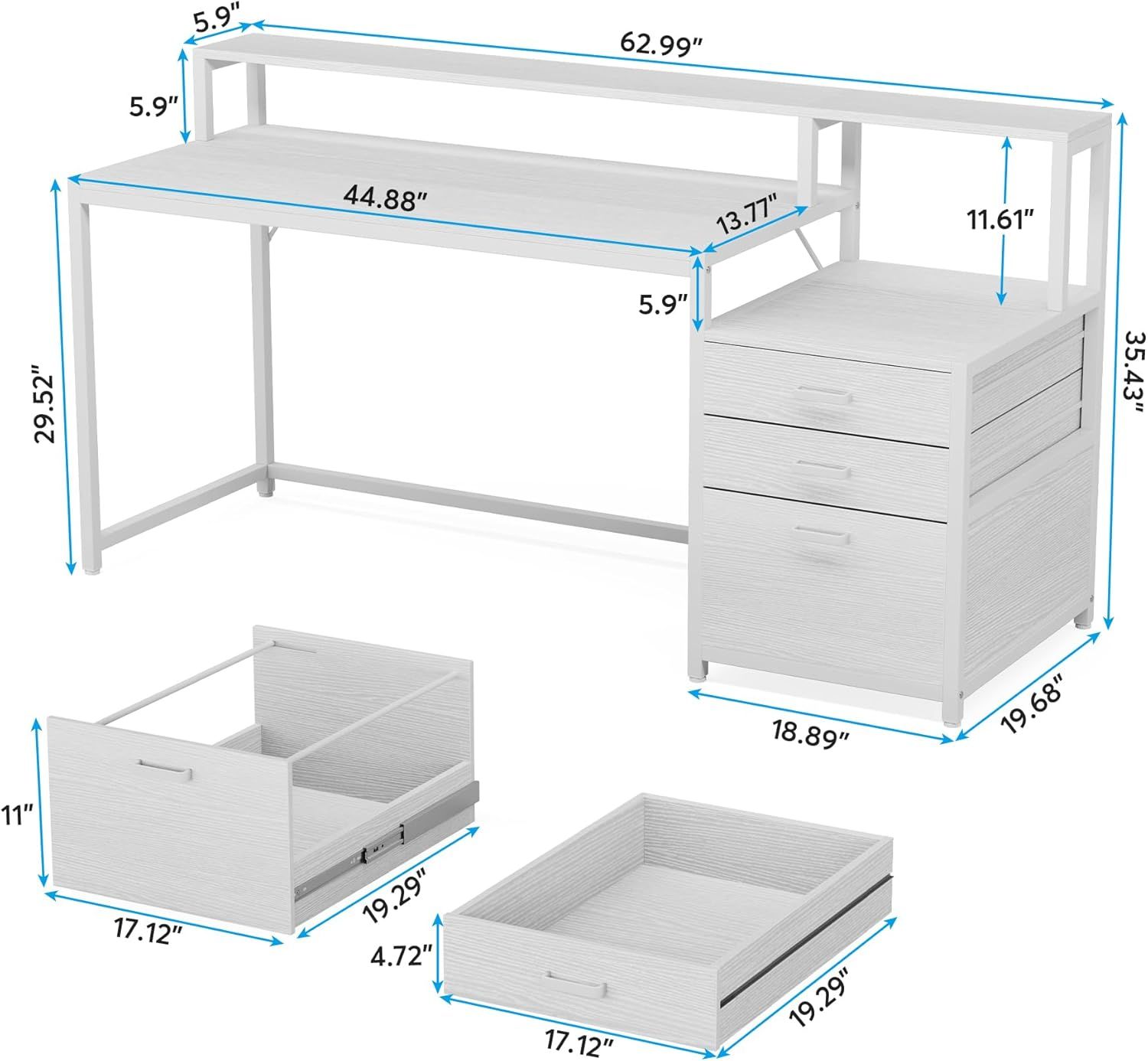 63 Inch Computer Desk With File Drawer Cabinet, Ergonomic Office Desk With Monitor Stand, Computer Table With Printer Space, Wood PC Table Workstation Desk