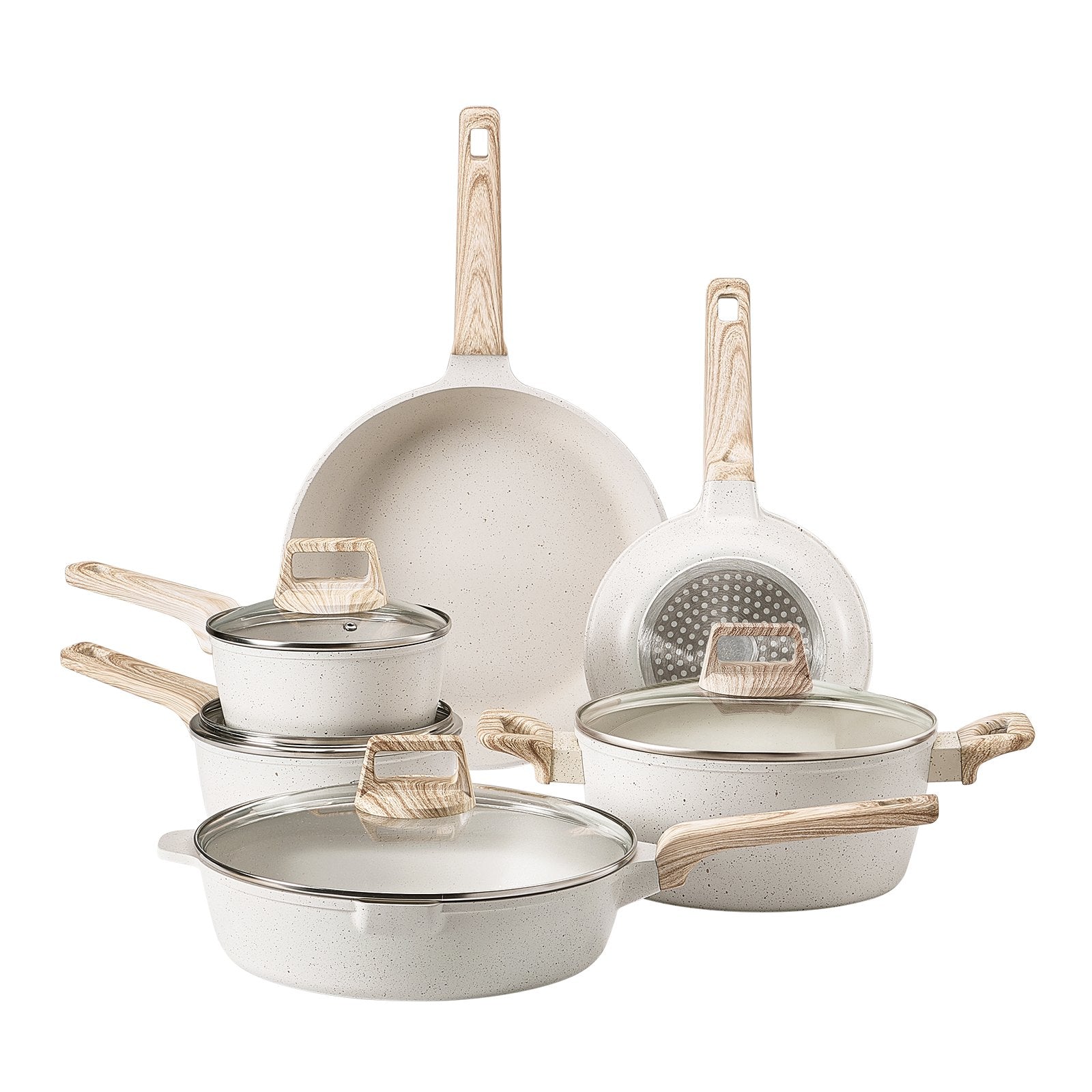 17 Piece Pots And Pans Set Granite Nonstick Kitchen Cookware Induction White