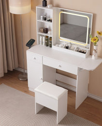 Vanity Desk With Lighted Mirror & Power Outlet, Makeup Vanity Desk With Drawers And Large Storage Cabinet For Bedroom, 3 Lighting Modes Adjustable Brightness, Storage Stool, White - CJDS