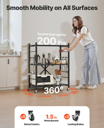 3-Tier Foldable Storage Shelf, 30W X 13D X 36H Inch Folding Metal Rack Shelving Unit, No Assembly Organizer Shelf With 5 Wheels & 4 Hooks For Pantry, Kitchen, Garage, Basement, Black