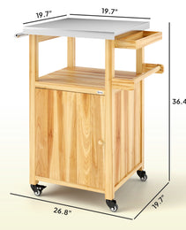 Outdoor Grill Cart W/ Stainless Steel Top, Solid Wood Outdoor Kitchen Island W/ Wheels, Integrated Hole, Natural Wood